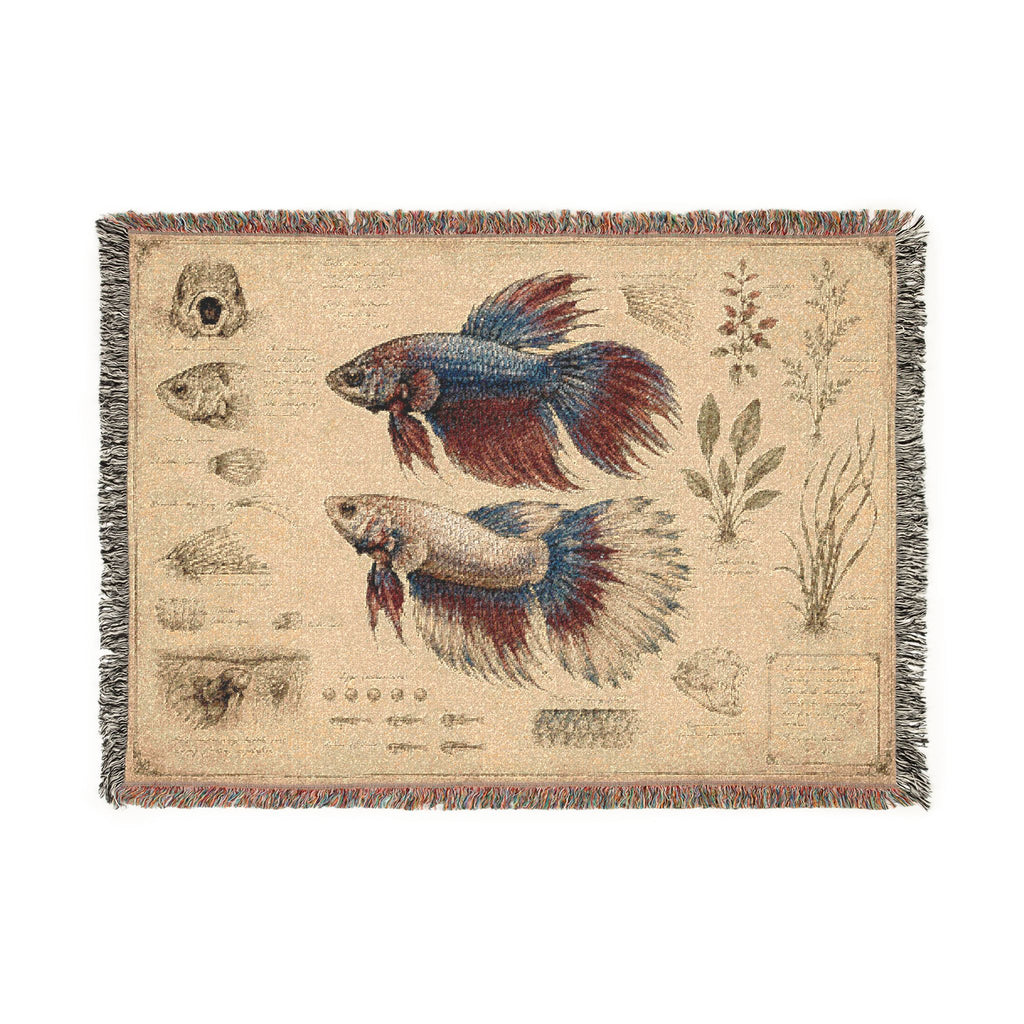 Betta Fish Illustration Woven Blanket — Vintage Aquarium Diagram Throw