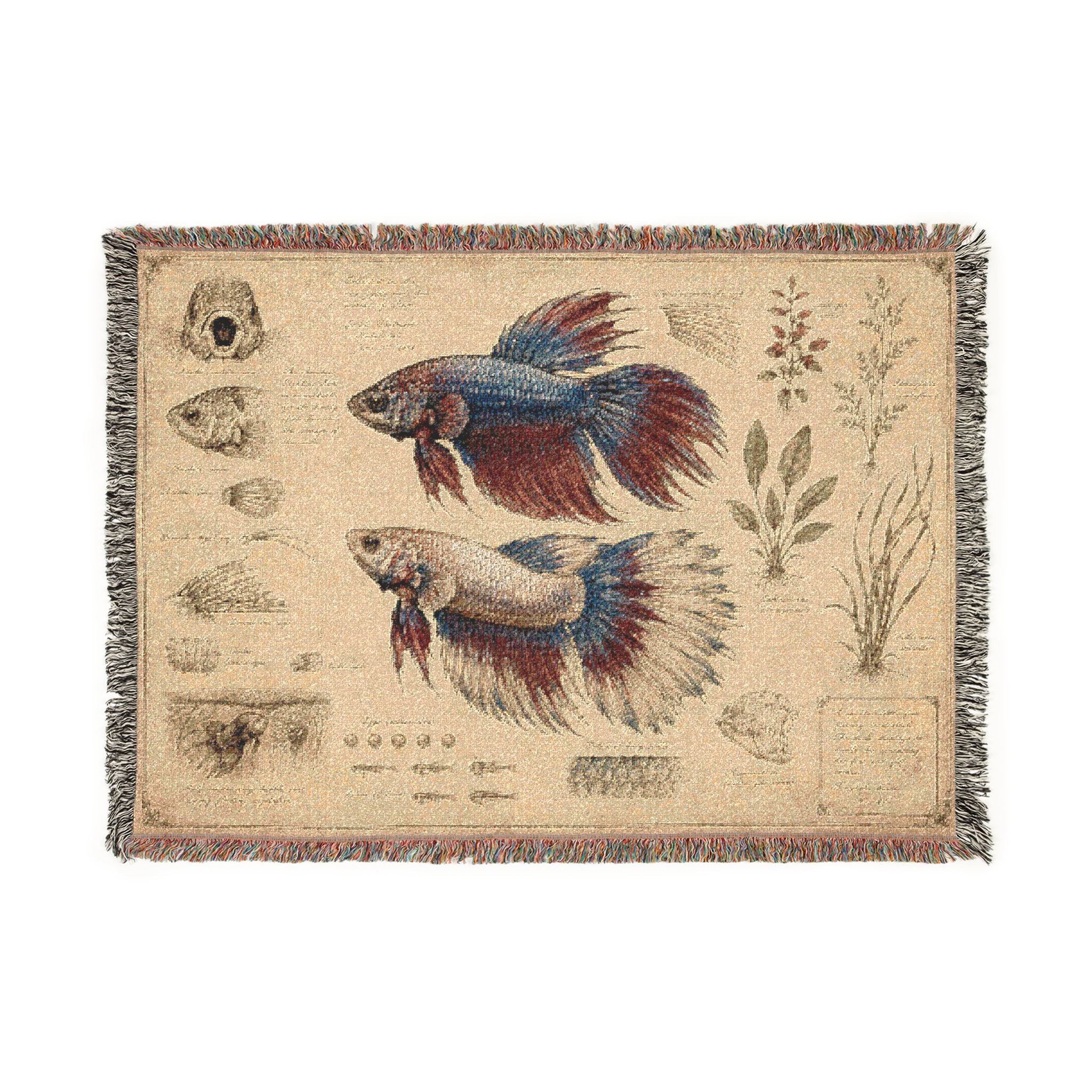 Betta Fish Illustration Woven Blanket — Vintage Aquarium Diagram Throw